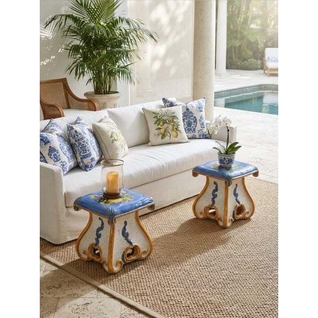 Pair of Vintage Italian Majolica Ceramic Fruit Motif Garden Stools For Sale - Image 9 of 12