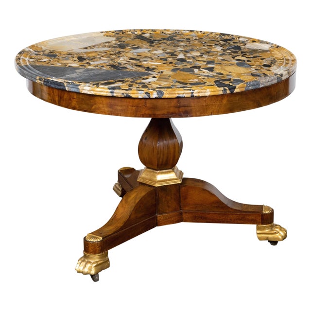 French 19th Century Mahogany Table with Marble Top and Carved Giltwood Feet For Sale