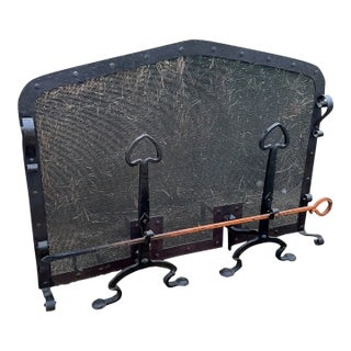 Early 20th Century Spanish Revival Fire Screen, Andirons and Poker Set - 4 Piece Set For Sale