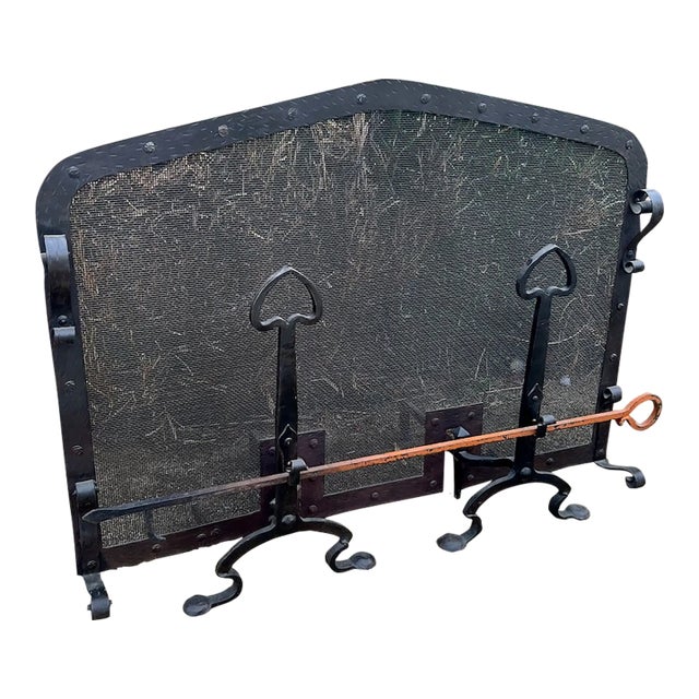 Early 20th Century Spanish Revival Fire Screen, Andirons and Poker Set - 4 Piece Set For Sale
