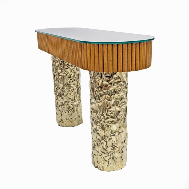 1990s Mid-Century Wood and Brass Center Console, Italy, 1990s For Sale - Image 5 of 9
