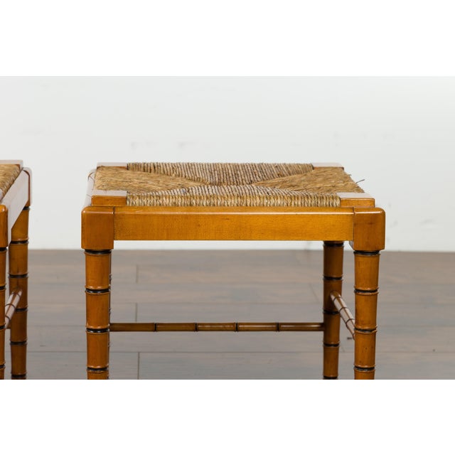 Wood Vintage Pair of English Midcentury Faux Bamboo Walnut Stools with Rush Seats For Sale - Image 7 of 12