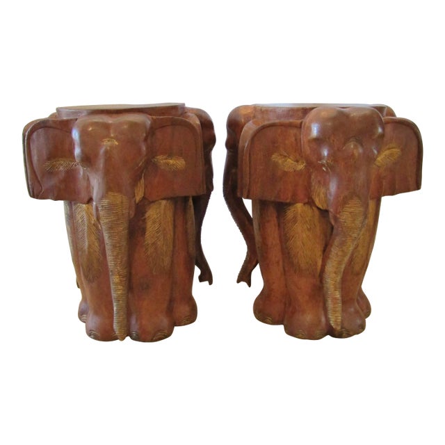 Vintage Matched Pair of Carved Wood Elephant Stools / Tables, Circa 1970s For Sale