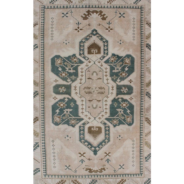 Vintage Turkish Oushak Rug Featuring Soft Ivory Field With Green 4'9 X 7'2 For Sale - Image 4 of 11