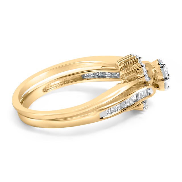 Elegantly crafted in gleaming 14K yellow gold-plated .925 sterling silver, this bridal set embodies romance and...