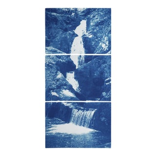 Zen Forest Waterfall, Original Cyanotype Vertical Triptych by Kind of Cyan, 2020, 3 Pieces For Sale