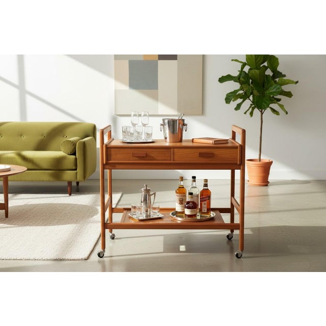 1960s Danish Modern Teak Bar Cart – Restored Two-Tier Design With Drawers and Casters For Sale - Image 4 of 17