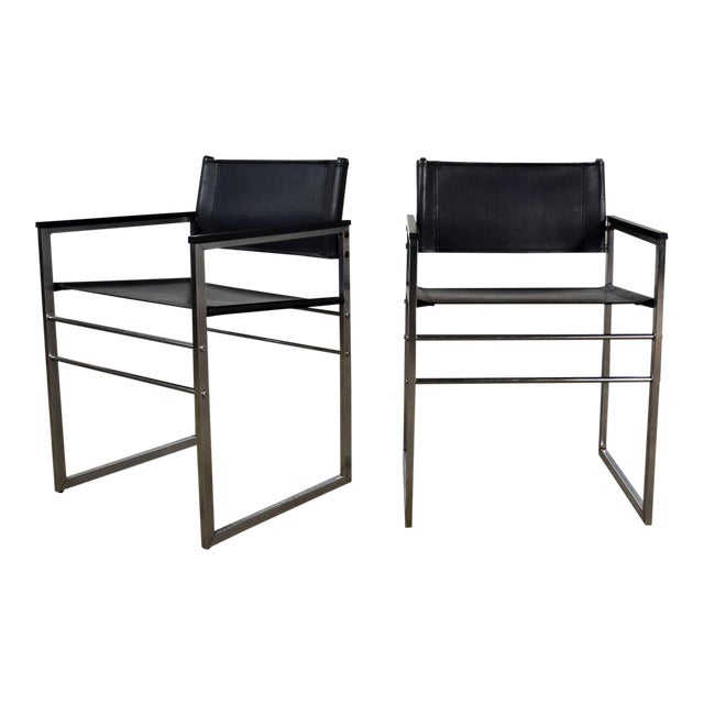 Vintage Chrome & Black Vinyl Faux Leather Sling Director’s Chairs Straight Legs, a Pair For Sale