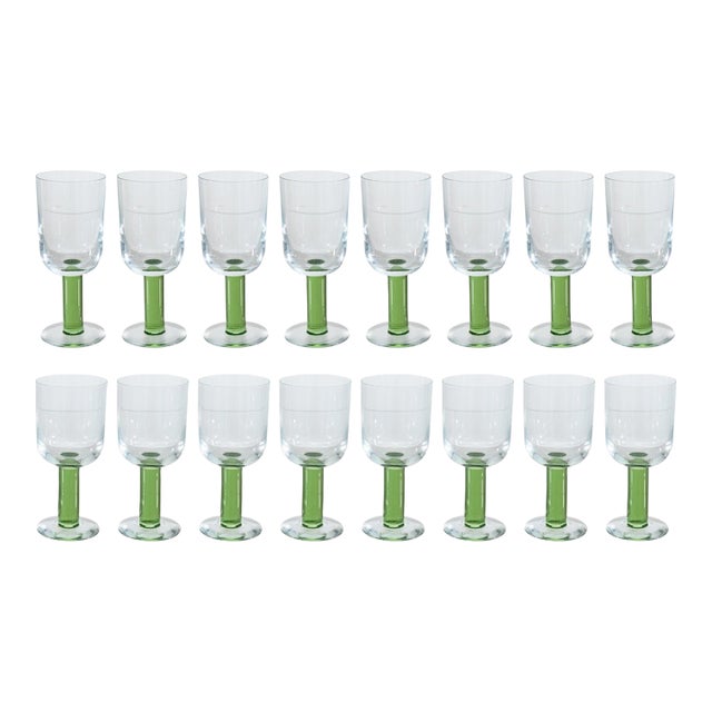 Sagaform Set of 16 Modernist Handblown Wine or Cocktail Glasses With Green Bases For Sale