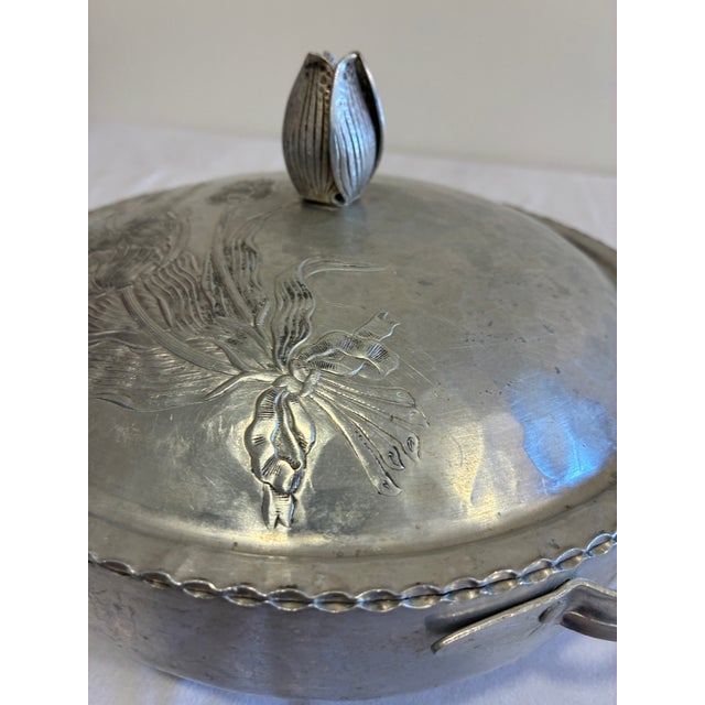 Vintage Hammered Aluminum Lidded Serving Dish With Tulip Finial For Sale - Image 4 of 15