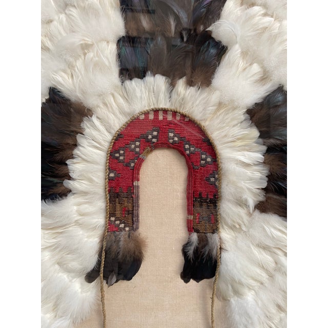 Native American Vintage Native American Headdress Woven Wool With Feathers. Framed in Lucite Shadowbox. For Sale - Image 3 of 11