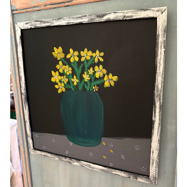 Rustic petite painting of tiny yellow flowers in a teal blue colored vase. I love the stark contrast of the black...