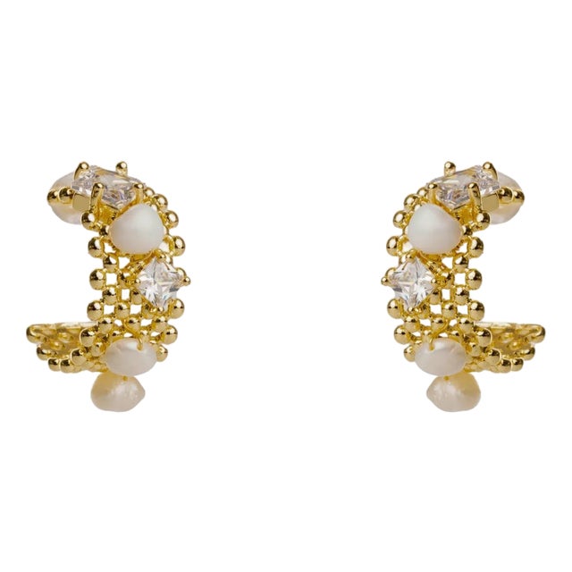 Filigree Design Pearl & Diamond Hoop Earrings, A Pair For Sale