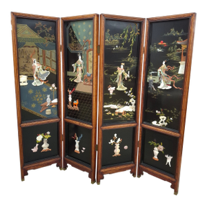 Mid 20th Century Japanese Polychrome Oak Lacquer Painted & Carved Stone Figures 4-Panel Screen