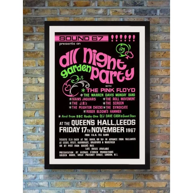 A striking day-glo silkscreen concert poster for the all night garden party headlined by pink floyd at queen's hall in...