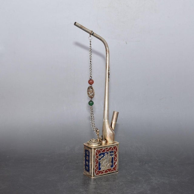 Traditional Vintage Silver-Plated Copper Water Pipe With Enamel Shou Xing Motif and Beaded Chain For Sale - Image 3 of 9