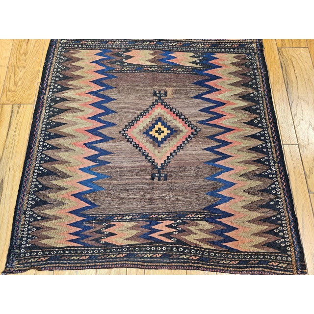 Antique Persian Qashqai Tribal Sofreh Kilim Rug, Handwoven Wool, Geometric Pattern, Brown, 4x4 For Sale - Image 11 of 13
