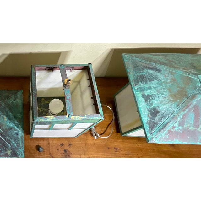 Stunning Pair of Artisan Copper & Slag Glass Mission/Arts & Crafts Table Lamps For Sale - Image 11 of 18