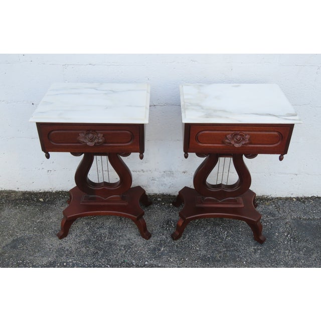 Victorian Mid 20th Century Victorian Style Marble Top Harp Design Side End Tables Nightstands a Pair For Sale - Image 3 of 18