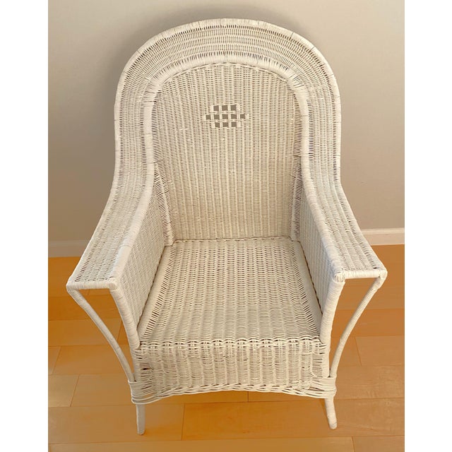 Art Deco Vintage High-Back Wicker Chair, Large, White With Two Blue Cushions. 1920’s. For Sale - Image 3 of 11