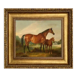 Horse and Foal 11x14" Framed Oil Painting Print on Canvas, Wide Antiqued Gold Frame