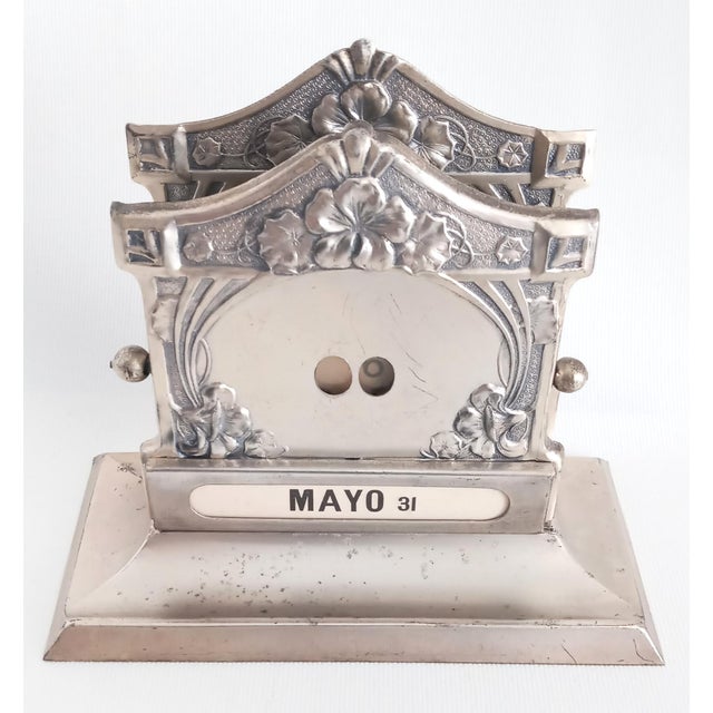 Metal Art Nouveau Silvered Perpetual Desk Calendar & Card Holder by Henry Matthews For Sale - Image 7 of 7