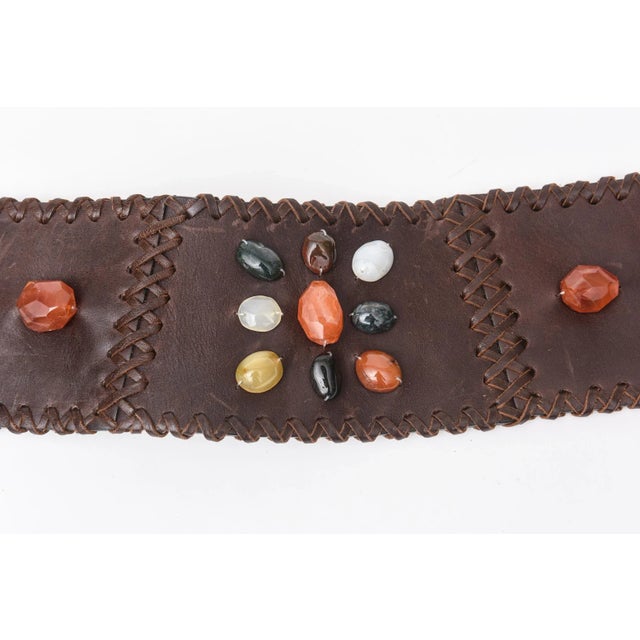 Modern 1990s Signed Brown Stitched Leather and Colored Agate Stones Tie Waist Belt With Tassels For Sale - Image 3 of 10