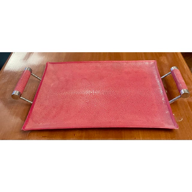Red shagreen tray with two handles 1990 Italy Luxurious top in red shagreen skin and hammered on the underside of silver...