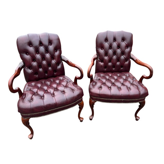 Nice pair of tufted red leather gooseneck arm pair of library chairs. Very attractive pair of chairs which makes a great...