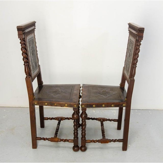 Middle Easter Oak and Leather Chairs with Studs 1920, Set of 2 For Sale - Image 3 of 18