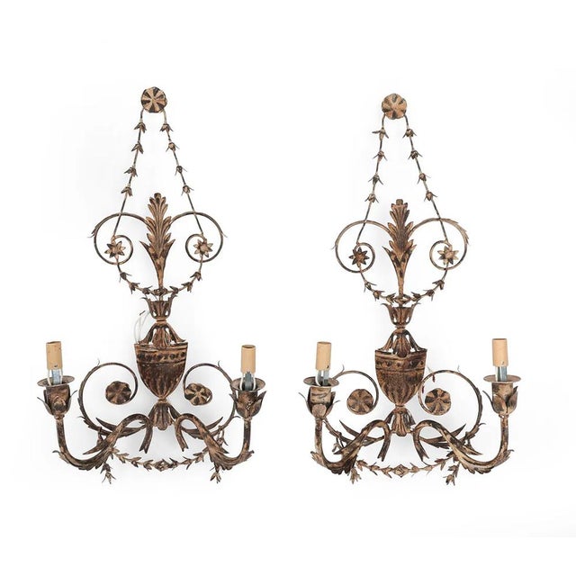 Italian Fine Pair of Lillian August Florentine Italian Tole Style Lighting Sconces For Sale - Image 3 of 15