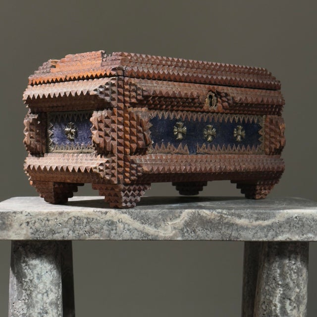 1920s Antique Chip Carved Footed Tramp Art Box With Blue Velvet Inserts For Sale - Image 5 of 8