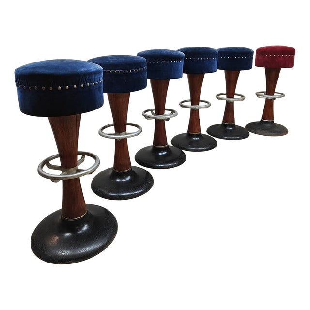Vintage Art Deco French Cafe Bar Stools, 1940s, Set of 6 For Sale
