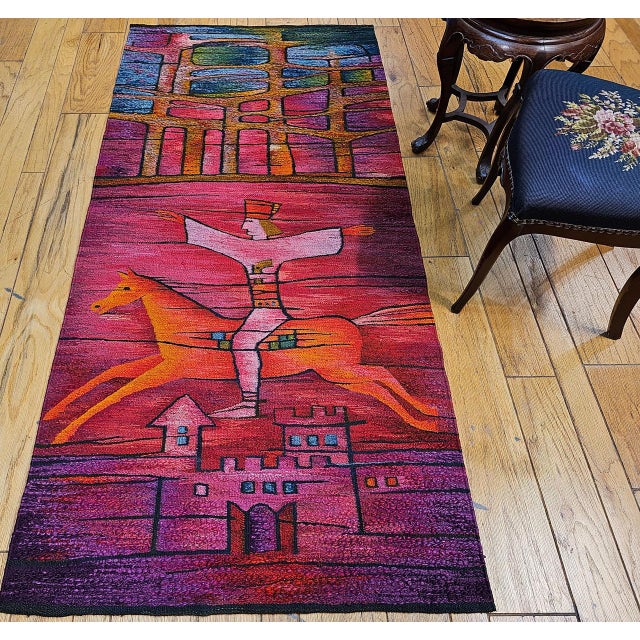 Red Vintage Mid-Century Tapestry, Handwoven Wool, Marc Chagall Style, 40" X 86" For Sale - Image 8 of 10