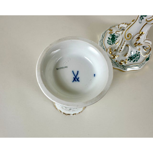 White Vintage Porcelain Set Gilded Vase and Candlestick from Meissen, Germany, 1950, Set of 2 For Sale - Image 8 of 9