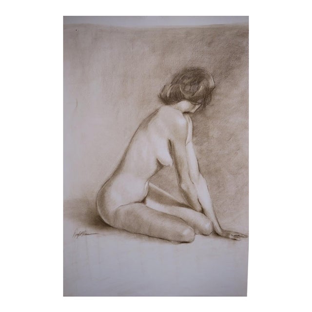 Nude Figure Drawing Woman Seated Brunette, by Doyle Shaw (1947 - 2019) Estate Original 24 X 36 For Sale