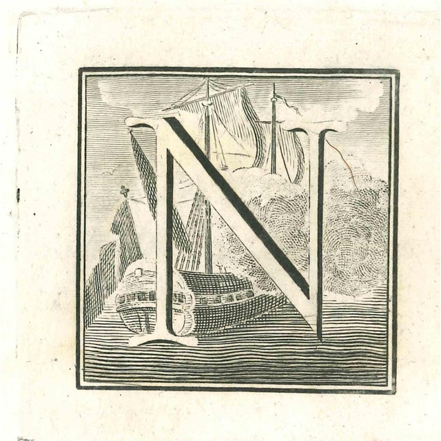 Capital letter n from the antiquities of herculaneum exposed, original etching from the end of the 18th century, made by...