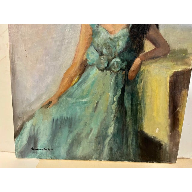 1970s Vintage Barbara Lebhar Oil on Canvas of a Young Lady in a Blue Dress Titled Mood Indigo For Sale - Image 5 of 8