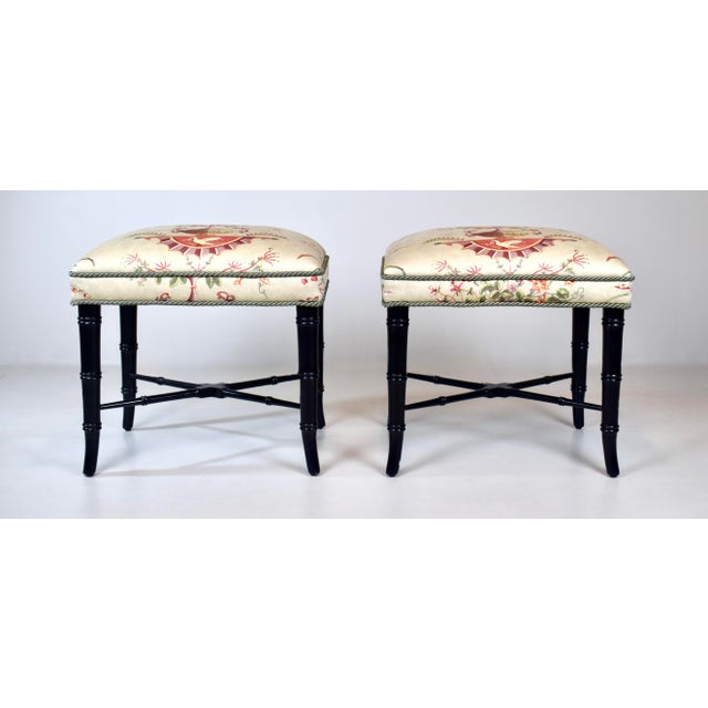Vintage Pair of Faux Bamboo Ottomans Benches Stools Floral New Upholstery For Sale - Image 9 of 12