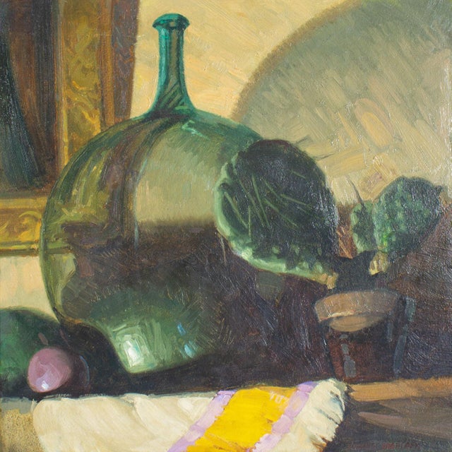 A 1933 oil on board painting by American artist Edward Sherlock. This still life painting depicts a green glass demijohn...