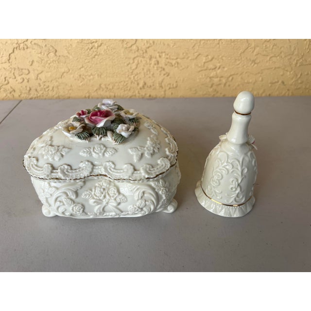 Vintage Victorian Floral Ceramic Heart Box and Bell For Sale - Image 4 of 9