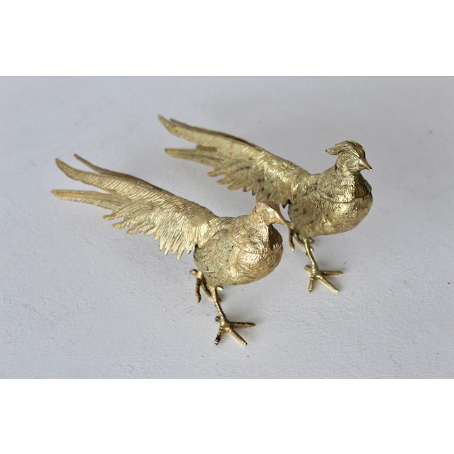 Metal Vintage Italian Decorative Sculptural Goldtone Male Female Pheasants Mid Century-a Pair For Sale - Image 7 of 16
