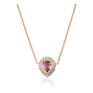 Modern Pear Cut Pink Sapphire & Diamond Pendant Necklace in 18k Yellow Gold For Sale