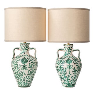 Spanish Revival Ceramic Table Lamps with New Linen Shades, 2010s, Set of 2 For Sale