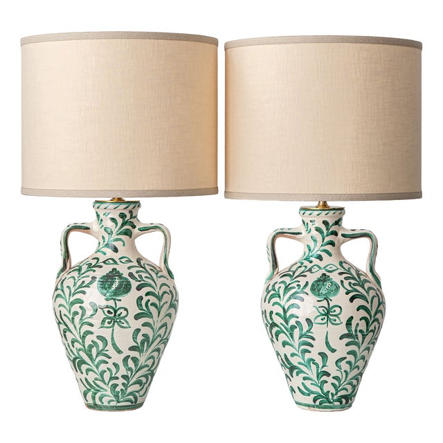 Spanish Revival Ceramic Table Lamps with New Linen Shades, 2010s, Set of 2 For Sale