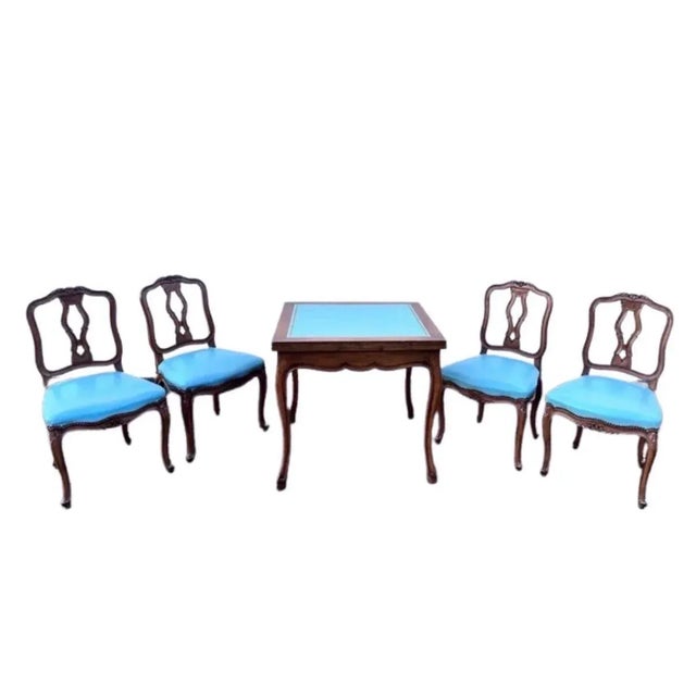 Cornflower Blue French Extending Game Table With Matching Chairs Hollywood Regency Style - Set of 5 For Sale - Image 8 of 10