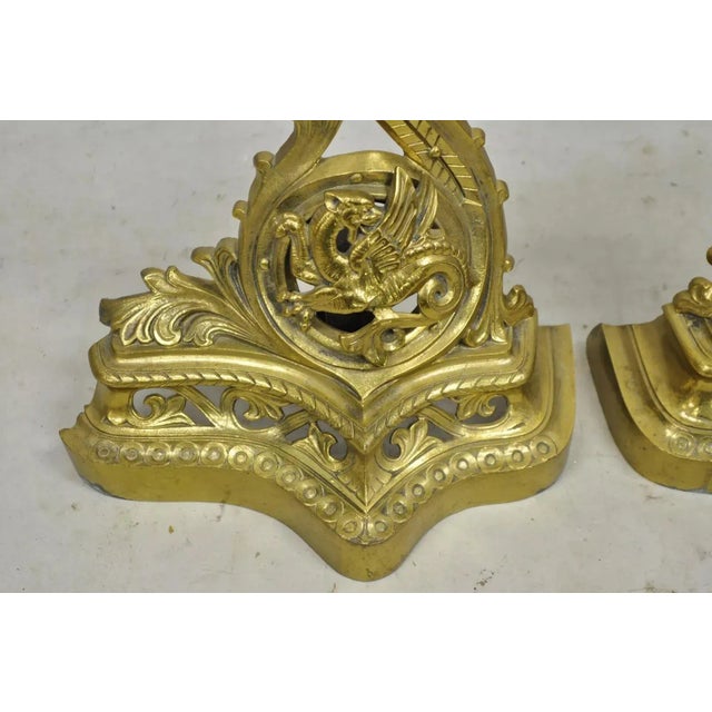 Baroque Vintage French Baroque Style Brass Figural Andirons With Dragon Griffins - Pair For Sale - Image 3 of 12