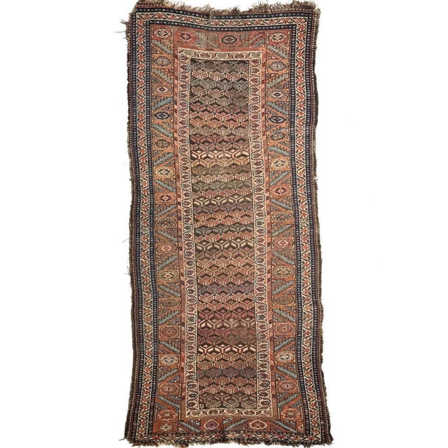 Name: EARTHY Sunset Ombre, Autumn, Clay, Espresso, Blues | Old Nomadic Kurdish Runner Size: 3.9 x 8.7 Age: Antique, C....