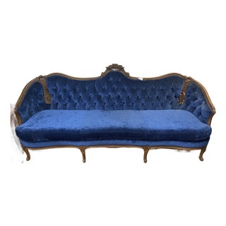 Antique Victorian Tufted Blue Velvet Sofa With Carved Wood Crest For Sale