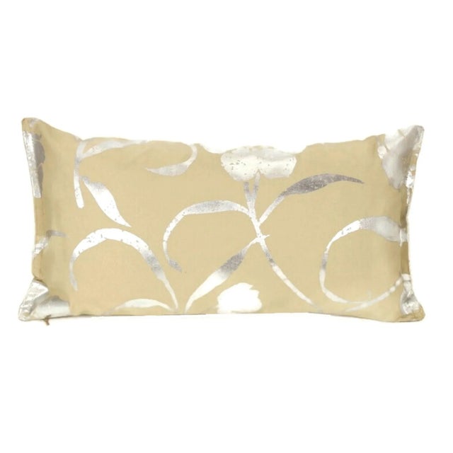 Vintage Silver Floral Hand-Painted Double- Sided Lumbar Pillow With Beaded Trim For Sale - Image 6 of 13